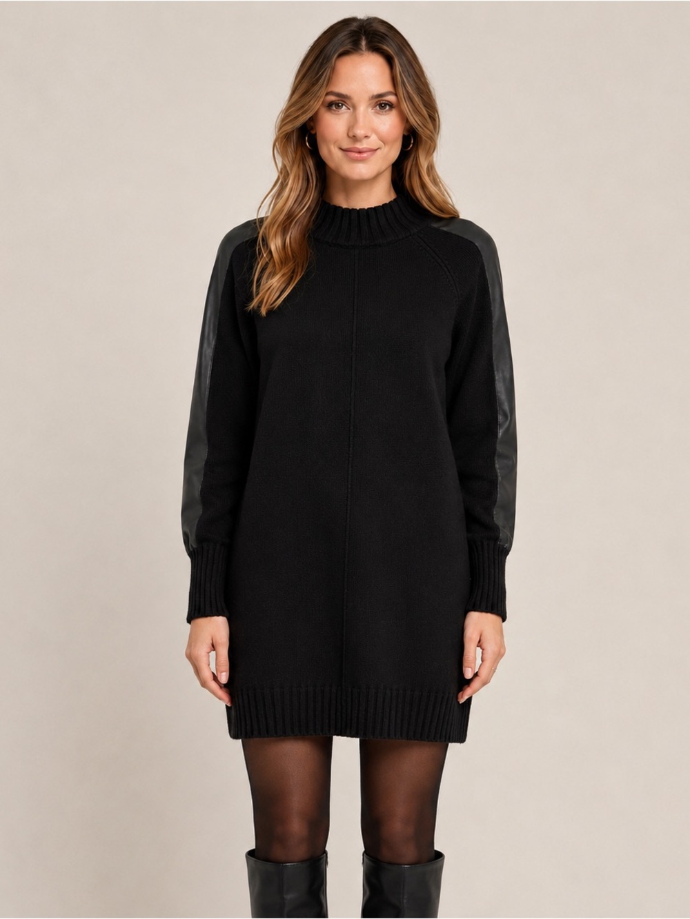 Evereve Black Soft Faux Leather Sleeve Tunic Dress Mock Neck Women’s Size Large